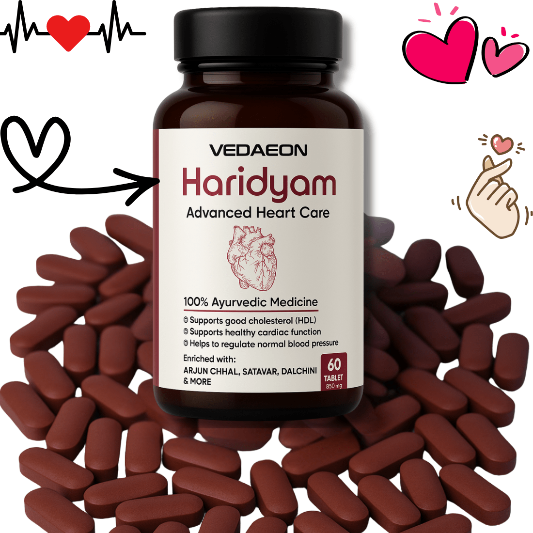 VEDAEON Haridyam – 60 Heart Care Tablets for Healthy Blood Pressure and Control Cholesterol - Vedaeon