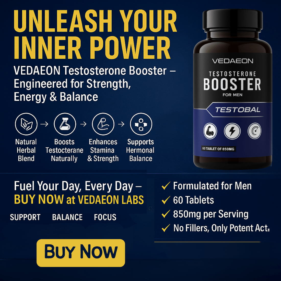 VEDAEON Testosterone Booster – 60 Tablets for Men’s Stamina, Hormonal Balance & Energy - Vedaeon