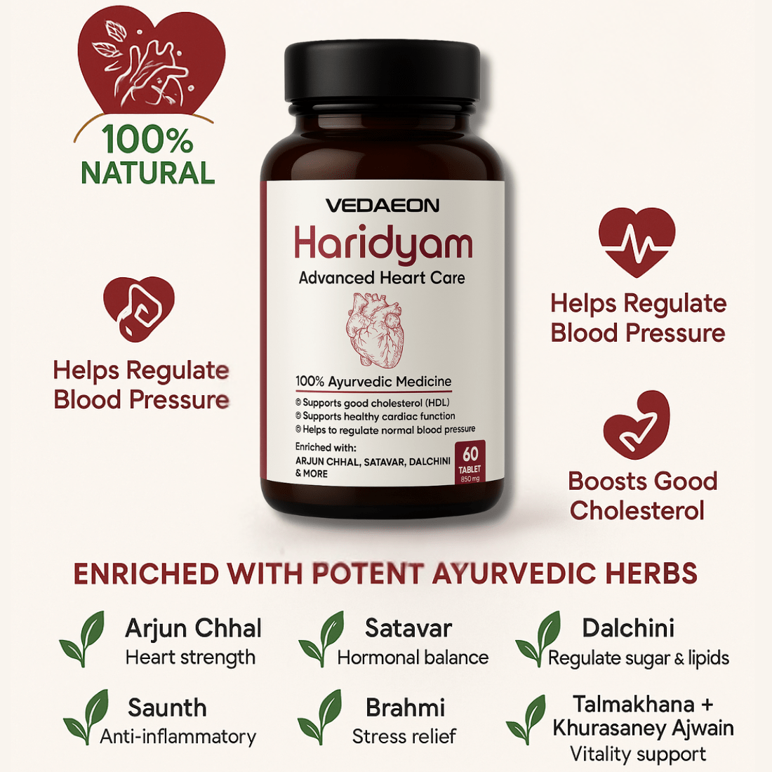 VEDAEON Haridyam – 60 Heart Care Tablets for Healthy Blood Pressure and Control Cholesterol - Vedaeon
